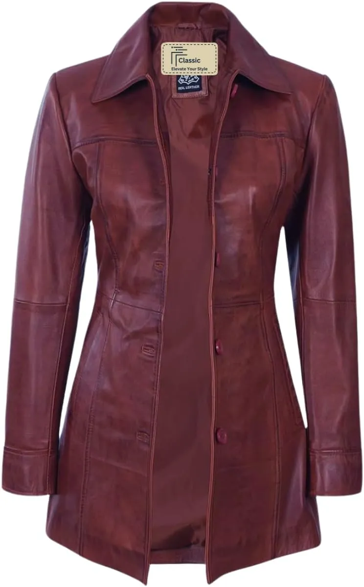 Women's Winter Classic Casual Button Up 3/4 Long Lenght Genuine Lambskin Leather Trench Coat Fashion Jacket