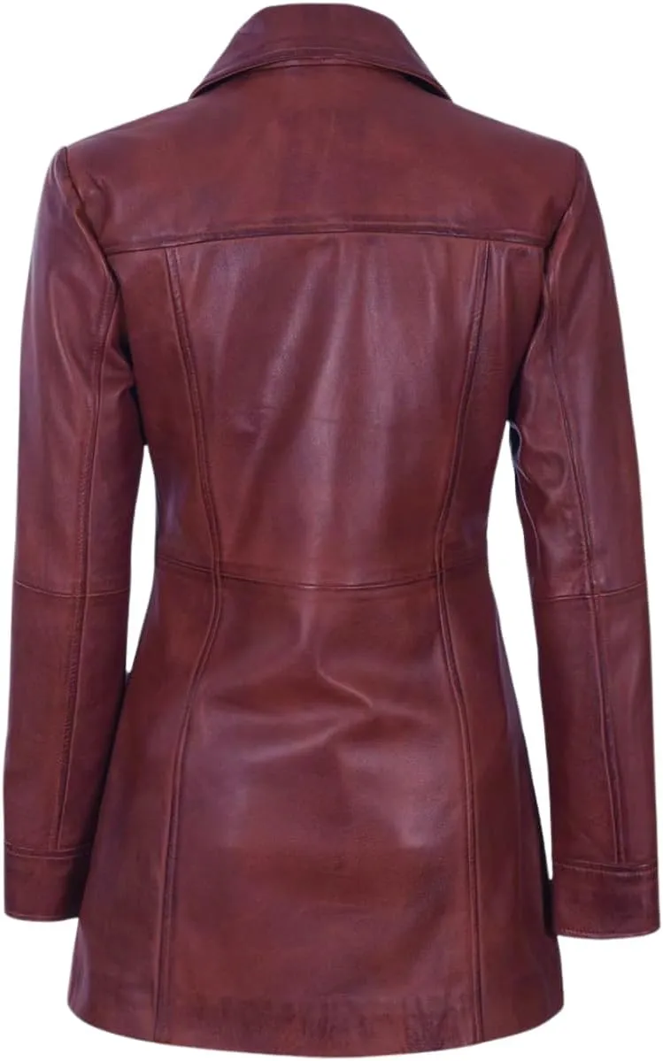Women's Winter Classic Casual Button Up 3/4 Long Lenght Genuine Lambskin Leather Trench Coat Fashion Jacket