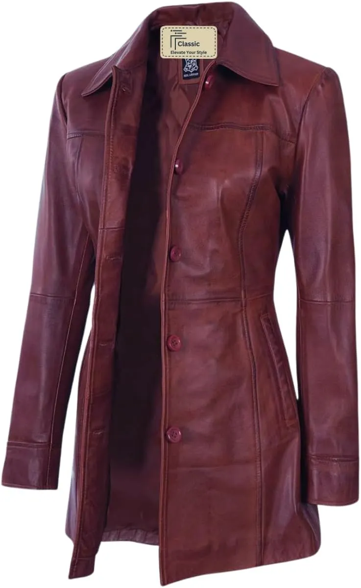 Women's Winter Classic Casual Button Up 3/4 Long Lenght Genuine Lambskin Leather Trench Coat Fashion Jacket