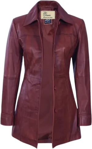 Women's Winter Classic Casual Button Up 3/4 Long Lenght Genuine Lambskin Leather Trench Coat Fashion Jacket