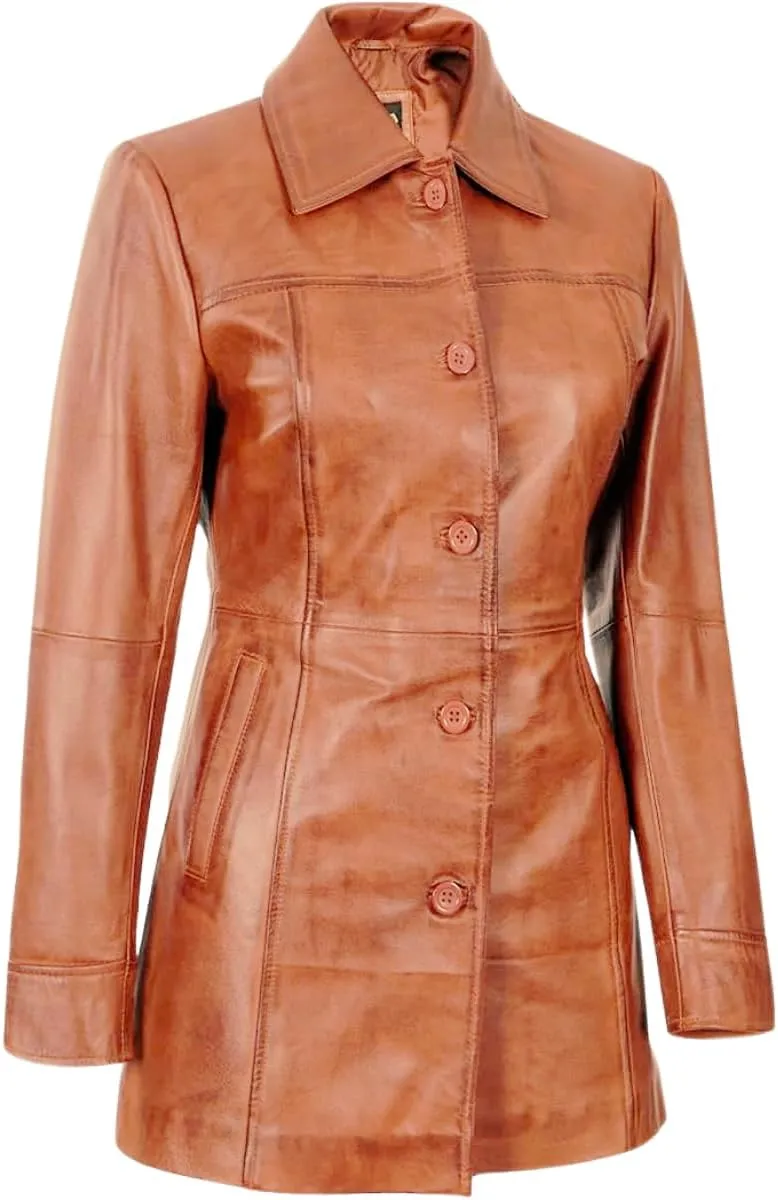 Women's Winter Classic Casual Button Up 3/4 Long Lenght Genuine Lambskin Leather Trench Coat Fashion Jacket