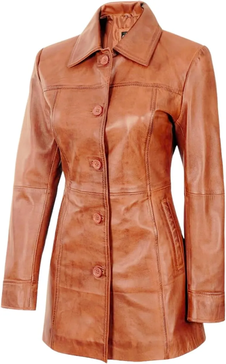 Women's Winter Classic Casual Button Up 3/4 Long Lenght Genuine Lambskin Leather Trench Coat Fashion Jacket