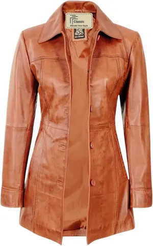 Women's Winter Classic Casual Button Up 3/4 Long Lenght Genuine Lambskin Leather Trench Coat Fashion Jacket