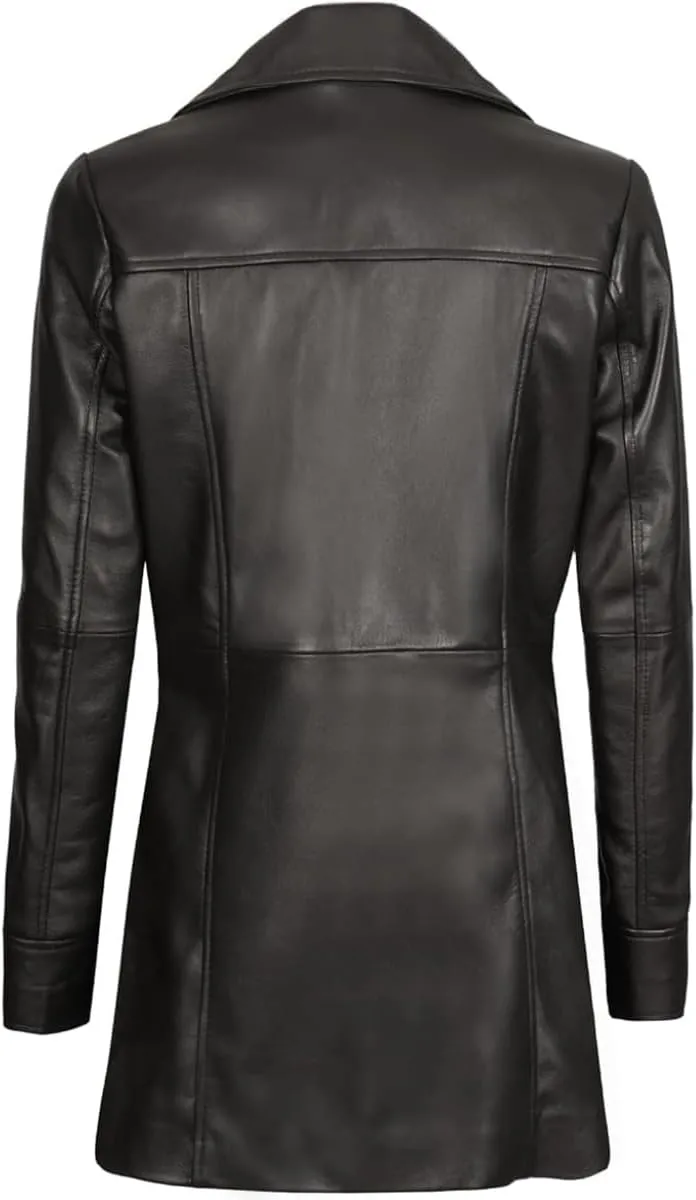 Women's Winter Classic Casual Button Up 3/4 Long Lenght Genuine Lambskin Leather Trench Coat Fashion Jacket