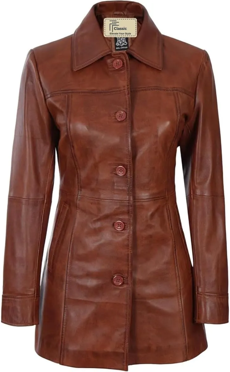 Women's Winter Classic Casual Button Up 3/4 Long Lenght Genuine Lambskin Leather Trench Coat Fashion Jacket
