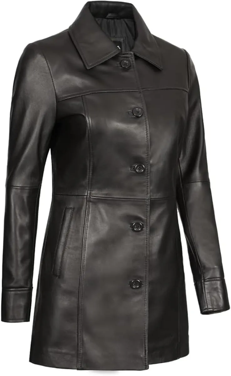 Women's Winter Classic Casual Button Up 3/4 Long Lenght Genuine Lambskin Leather Trench Coat Fashion Jacket
