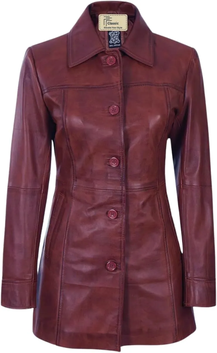 Women's Winter Classic Casual Button Up 3/4 Long Lenght Genuine Lambskin Leather Trench Coat Fashion Jacket