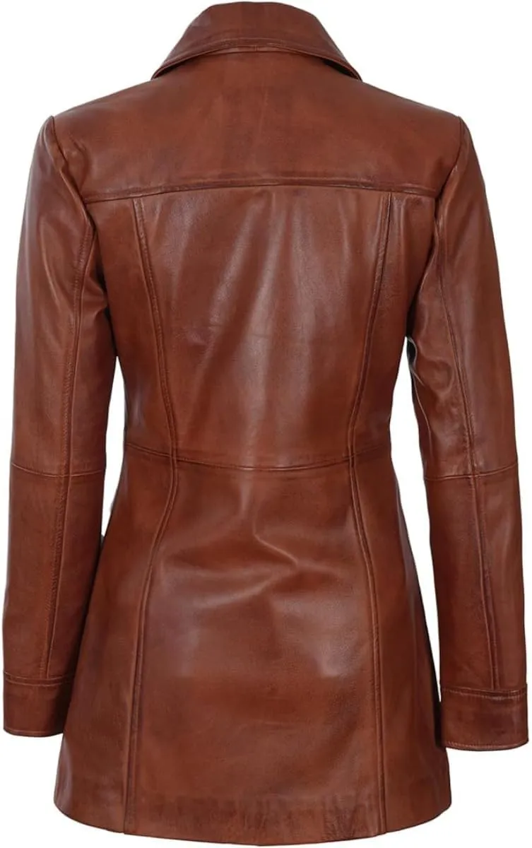 Women's Winter Classic Casual Button Up 3/4 Long Lenght Genuine Lambskin Leather Trench Coat Fashion Jacket