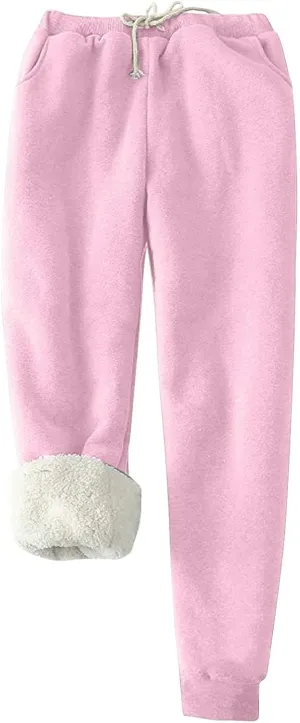 Women's Winter Warm Athletic Sweatpants Sherpa Lined Joggers Fleece Pants Drawstring High Waisted Yoga Lounge Trousers