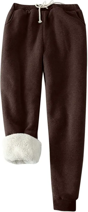 Women's Winter Warm Athletic Sweatpants Sherpa Lined Joggers Fleece Pants Drawstring High Waisted Yoga Lounge Trousers