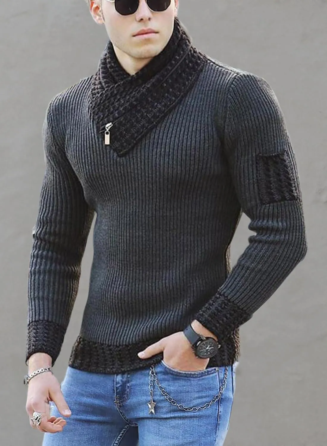 yoeasy Men's Turtleneck Zipper Twisted Knitted Pullover Sweater Slim Fit Ribbed Long Sleeve Sweater Tops