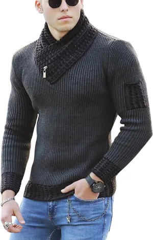 yoeasy Men's Turtleneck Zipper Twisted Knitted Pullover Sweater Slim Fit Ribbed Long Sleeve Sweater Tops