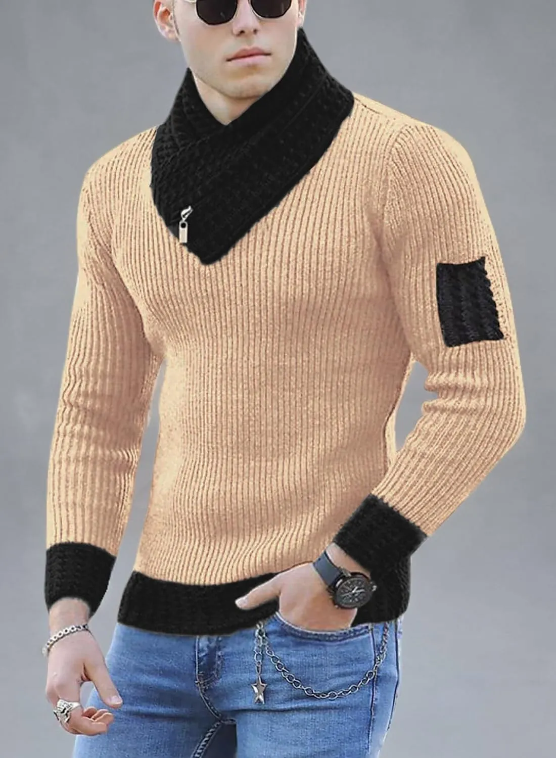 yoeasy Men's Turtleneck Zipper Twisted Knitted Pullover Sweater Slim Fit Ribbed Long Sleeve Sweater Tops