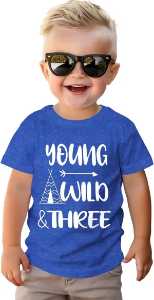 Young Wild and Three Birthday Boy Shirt 3rd Birthday Outfit 3 Year Old Boys T-Shirt Third B-Day Party Tees Tops